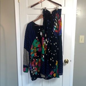 Vtg 2pc Carole Little Abstract Blouse Skirt Set Multi Color Art To Wear